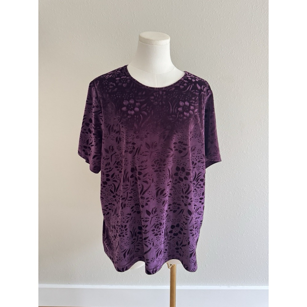 Vintage Purple Burnout Floral Velvet Whimsigoth Short Sleeve Top Plus Sz 2X USA